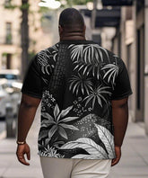 Men's Plus Size Black And White Gradient Abstract Floral Print Henry Collar Button Short Sleeve T-shirt